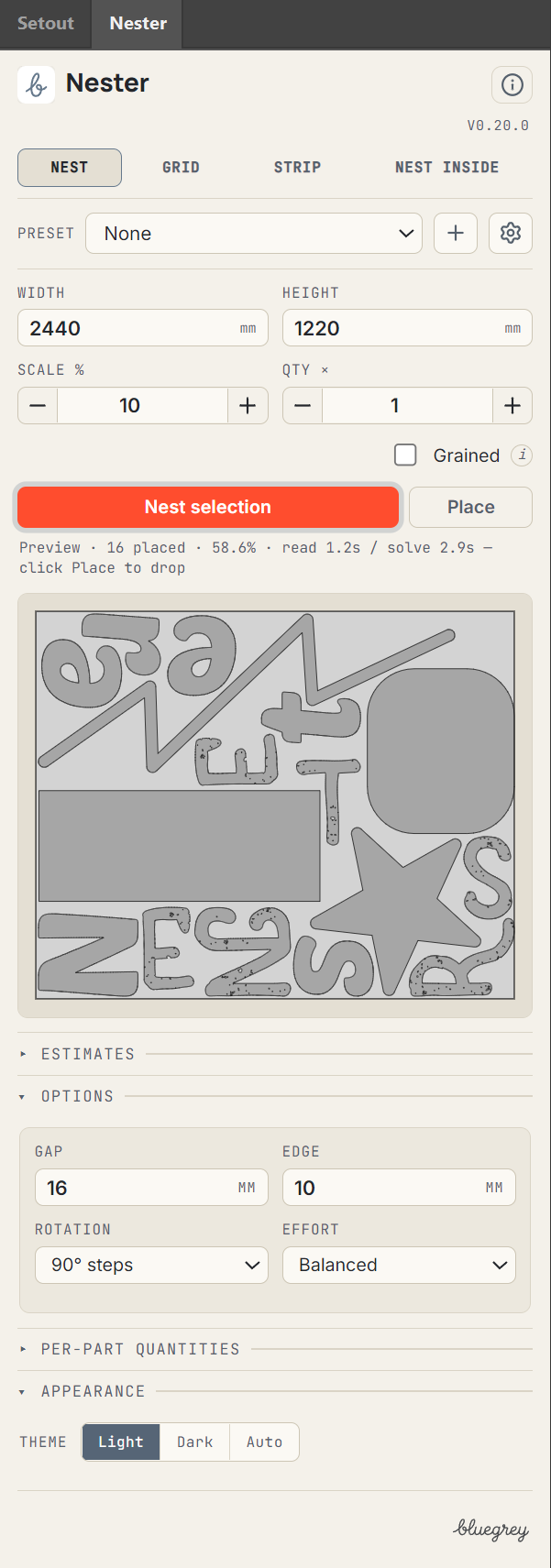 The Nester panel on the Nest tab, showing sheet width and height, scale, quantity, the Nest selection and Place buttons, and a preview of sixteen letters and shapes packed on one sheet.