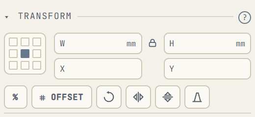 The Transform block: reference grid, W H X Y fields and six buttons